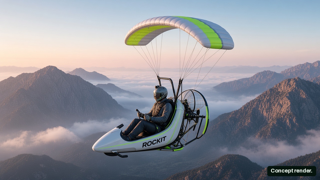 Concept render of the Sky-Drop: an open seated pod under a steerable wing at dawn.