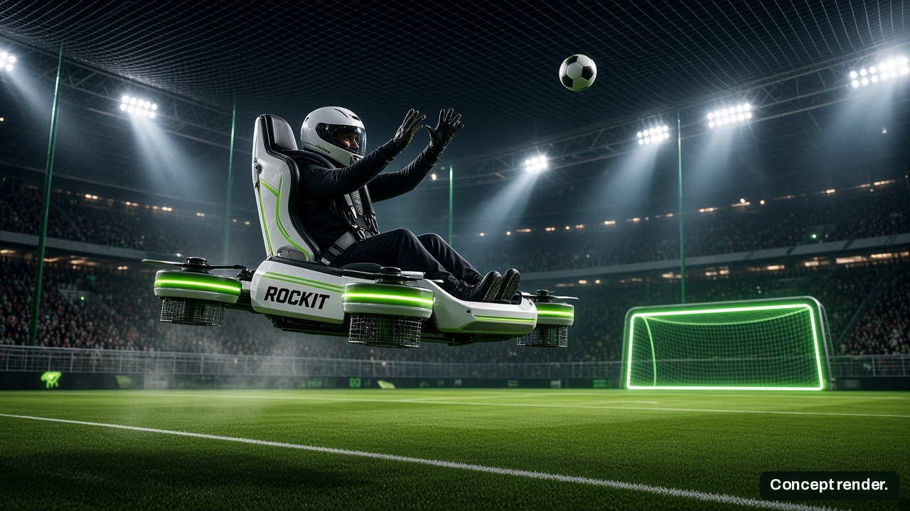 Concept render of Sky-Hoop air-karts under floodlights on a netted pitch.