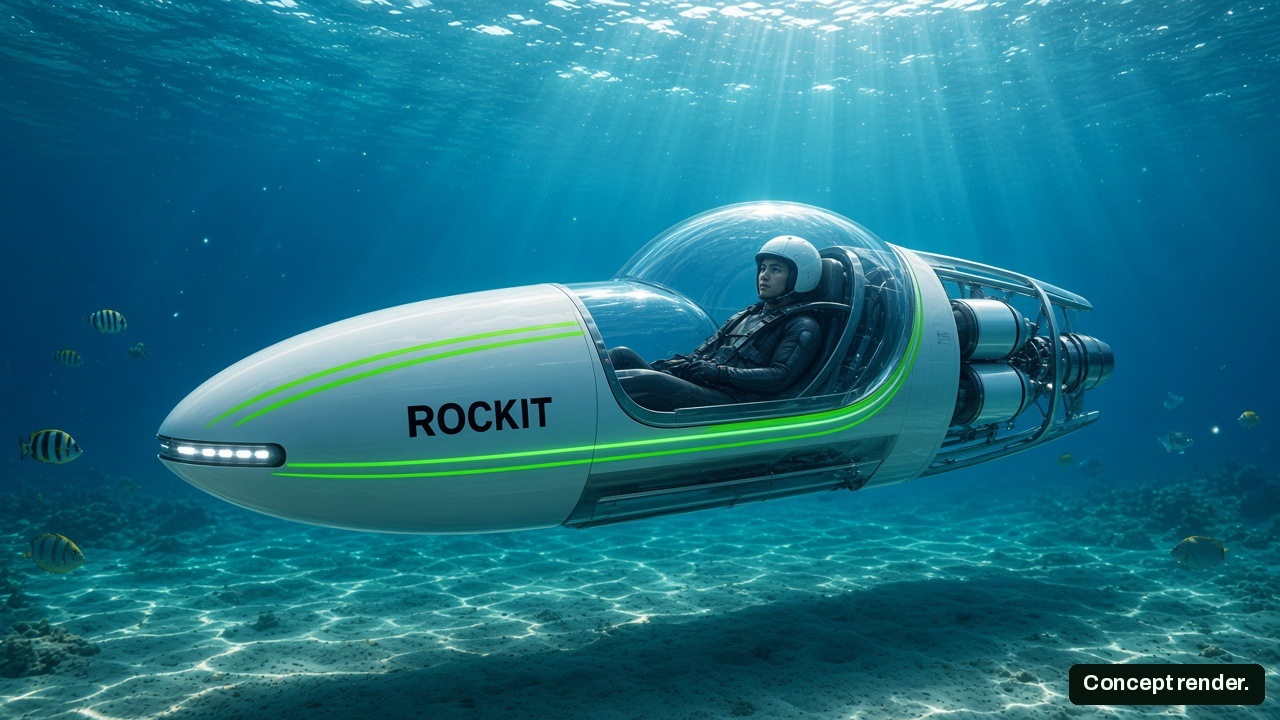 Concept render of the Splash-Dive mini-sub underwater with a clear sealed dome.