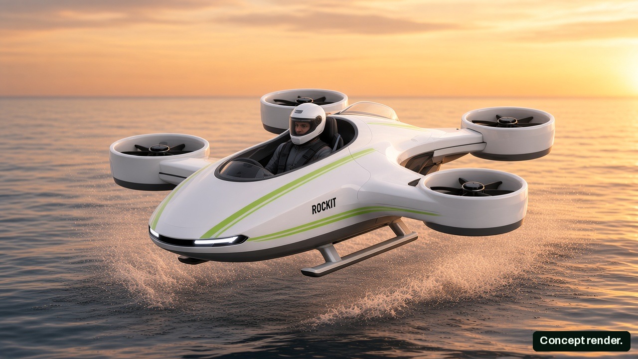 Concept render of the Splash-Hover hovering low over the sea at golden hour: open cockpit, four ducted rotors, skids.